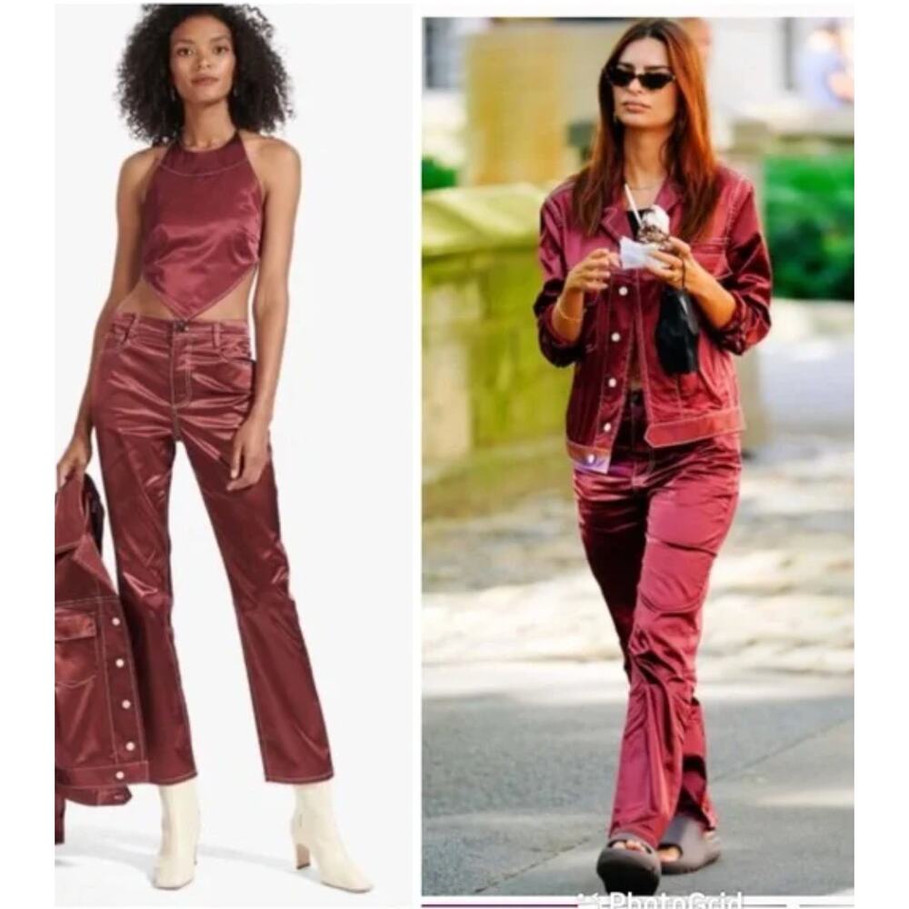 Staud Eli Satin Pant Size 12 Tawny Port Burgundy Sateen Straight Leg Wine Red